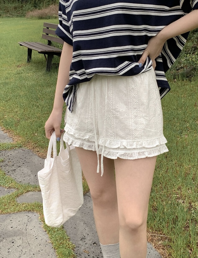 물리적 인지도 있음 업데이트 한 부서 레이스 레이스 허리밴드 넓은 다리가 짧다. 바지 여성 9055