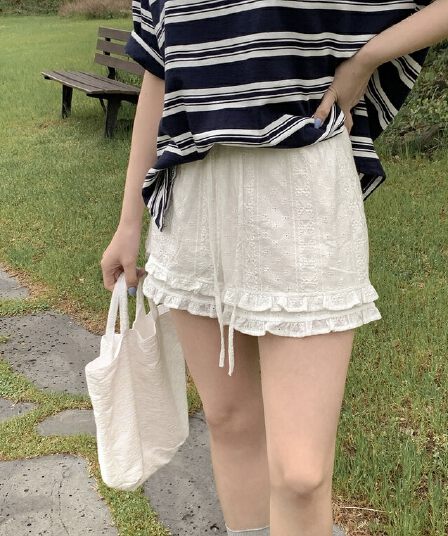 물리적 인지도 있음 업데이트 한 부서 레이스 레이스 허리밴드 넓은 다리가 짧다. 바지 여성 9055