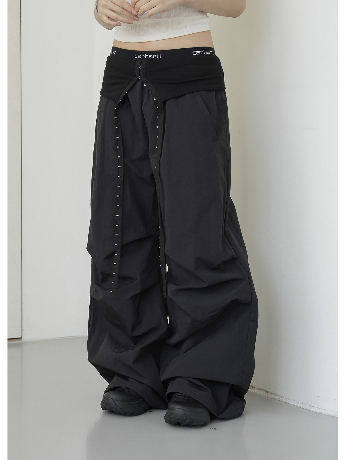 아메리칸 높음 거리 워크웨어 팬츠 여성 거리 윈디 주머니 와이드 레그 팬츠 하이웨이스트 슬림해 보이는 캐주얼 바지