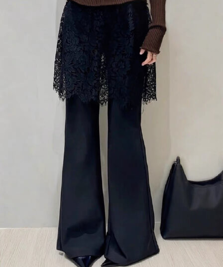 물리적 인지도 있음 업데이트 가을 한국 스타일 패션 페이크 레이어드 레이스 방귀 커튼 부츠컷 하이웨이스트 캐주얼 바지 여성
