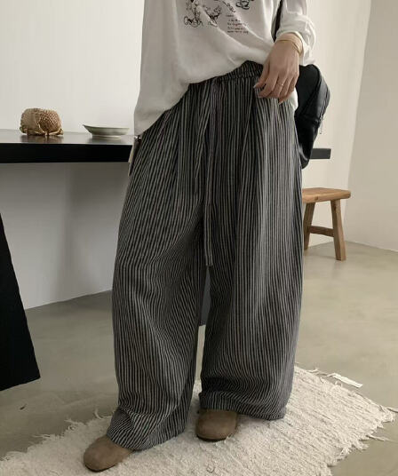 물리적 인지도 있음 업데이트 가을 켜기 새로운 레트로 느슨함 센스 와이드 레그 팬츠 가을 스트라이프 바지 다용도 캐주얼 바지