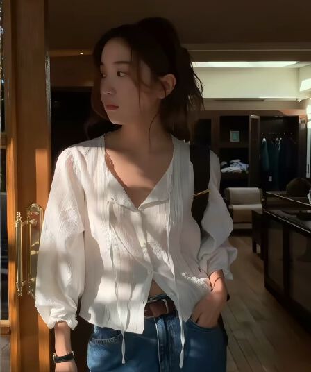 한국 동대문 새로운 레이스 레이스 레이스 업 셔츠 면 소재 맨위