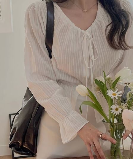 한국 구매 소금 부서 바람 펌프 로프 레이스업 허리 수축 스트라이프 셔츠 26 새로운 여성