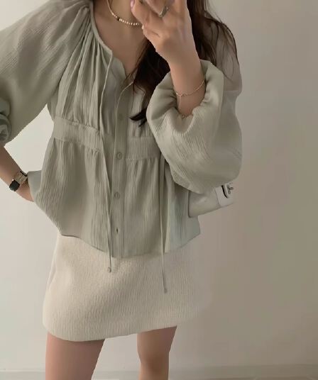 한국 chic 가을 느슨함 센스 주름 리본 라운드 넥 긴팔 셔츠
