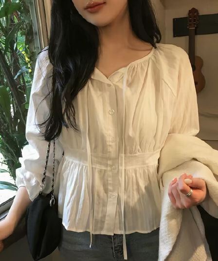 새로운 프랑스식 디자인 센스 사탕 색상 레이스업 긴팔 순면 여성 셔츠 루즈핏 디스플레이 학위 연령 감소 맨위