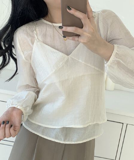 한국 동대문 라운드 넥 긴팔 쉬폰 셔츠 코디 섹시함 V넥 작은 슬링 투피스 조끼 여성