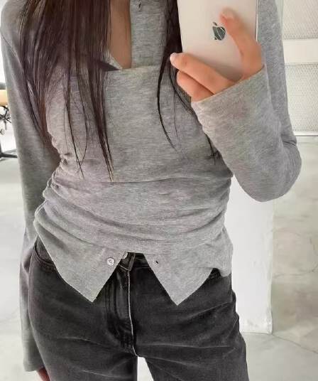 한국 작은 대중 디자인 부서 버클 긴팔 오픈 가디건 몸매 가꾸기 플리츠 튜브탑 두 조각 여성 세트