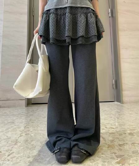 가을 겨울 새로운 한 부서 페이크 레이어드 치마 부츠컷 웨이 바지 여성 연꽃 잎 레이스 회색 캐주얼 바닥 청소 긴 바지