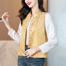 批发实拍新中式刺绣醋酸立领马甲