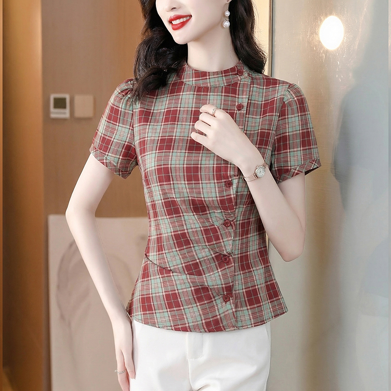 여름 새로운 체크무늬 불규칙 표지 배 스탠드 칼라 반팔 작은 셔츠