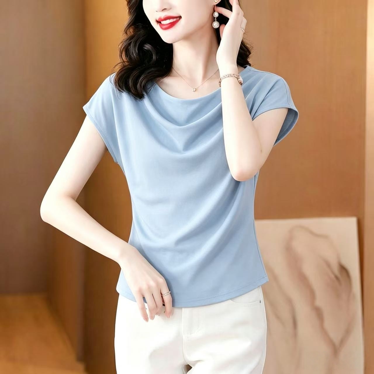 여름 순면 통기성 땀 흡수 반팔 흔들다 칼라 배트윙 소매 티셔츠 새로운 있음 선적