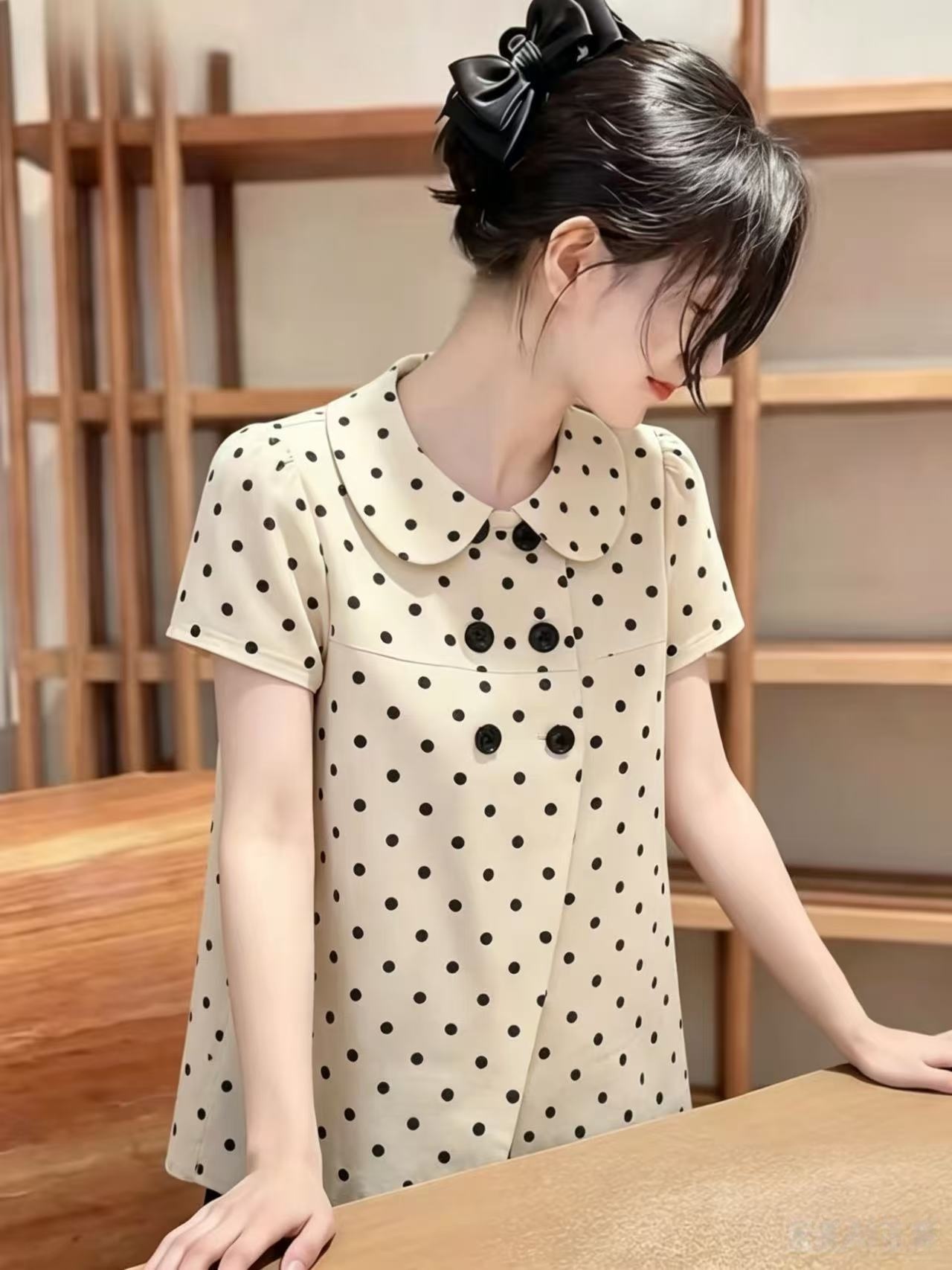 여름 새로운 순면 도트 베이비 칼라 반팔 셔츠