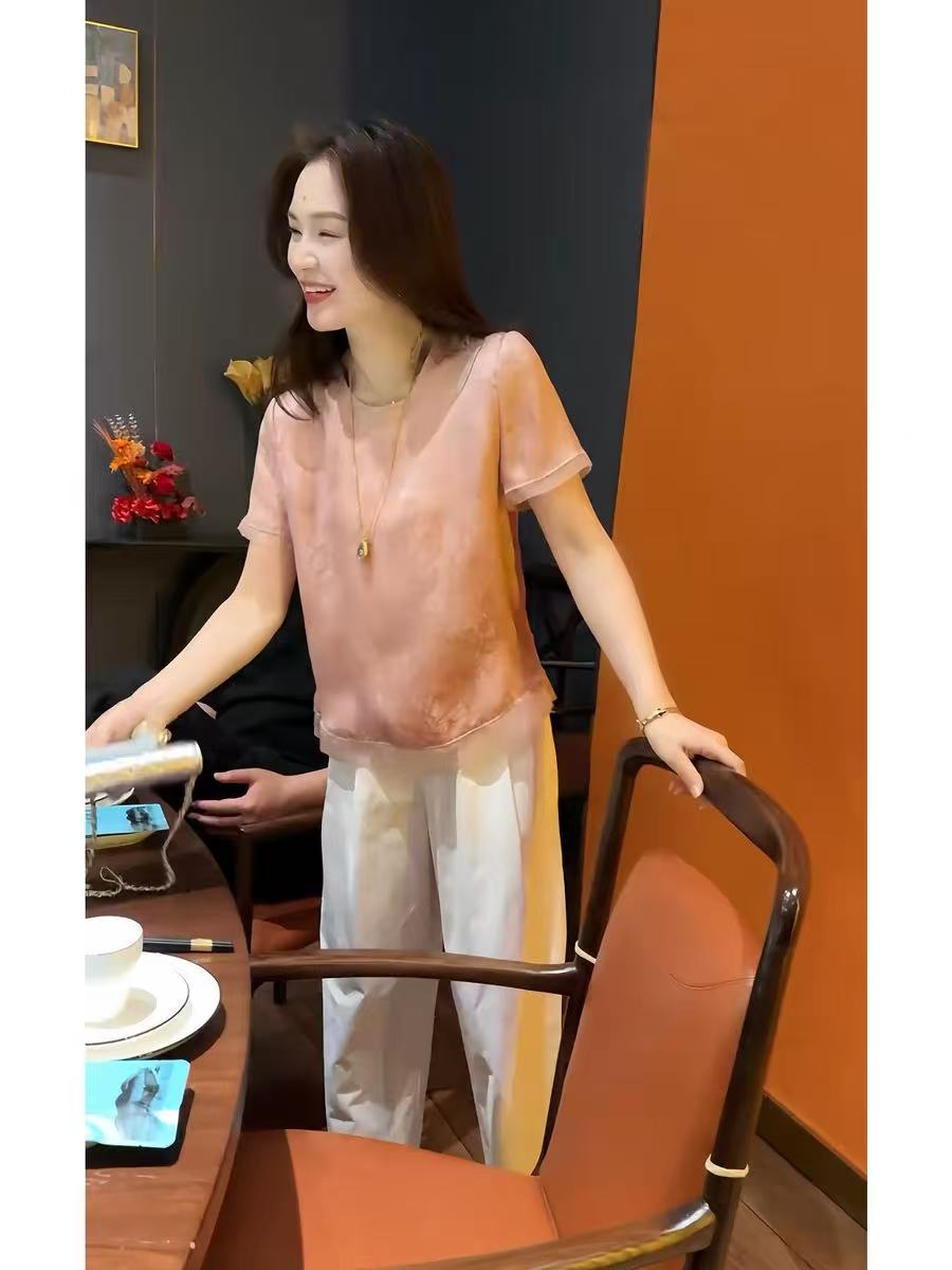 여름 새로운 자카드 미니멀리즘 라운드 넥 반팔 유럽 오간자 작은 셔츠