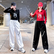 批发休闲运动曳步舞服秋冬跳舞套装翻领短款健身舞蹈刺绣休闲裤两件套