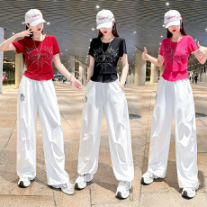 批发烫钻弹力网纱短袖夏季时尚曳步舞广场舞上衣宽松版弯刀裤休闲套<b class='q'>装</b>