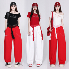 批发实拍夏季新款<b class='q'>爵士舞</b>显瘦宽松露肩演出服体操服街舞广场舞运动套装