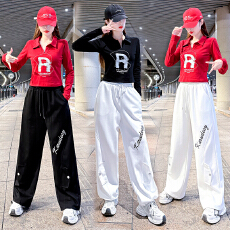 批发休闲运动曳步舞服秋冬跳舞套装翻领短款健身舞蹈刺绣休闲裤两件套
