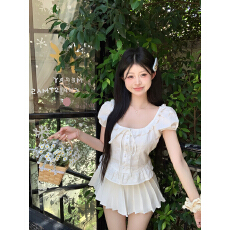 批发实拍实价 夏季花边提花白色衬衫女高级感甜美收腰短款小衫上衣