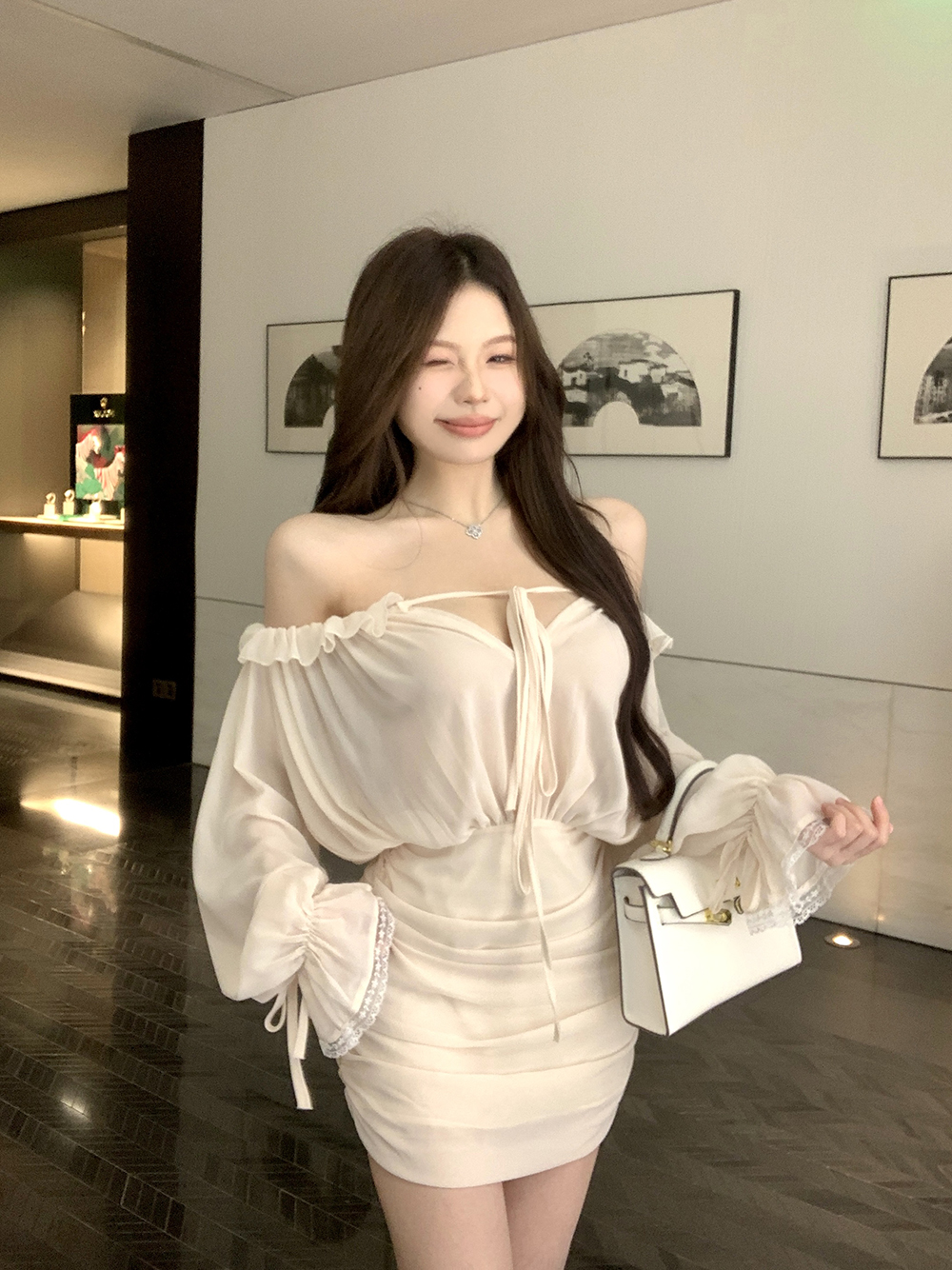 FA33311# 纯欲一字肩长袖连衣裙绝美气质收腰包臀裙 服裝批發女裝批發服飾貨源