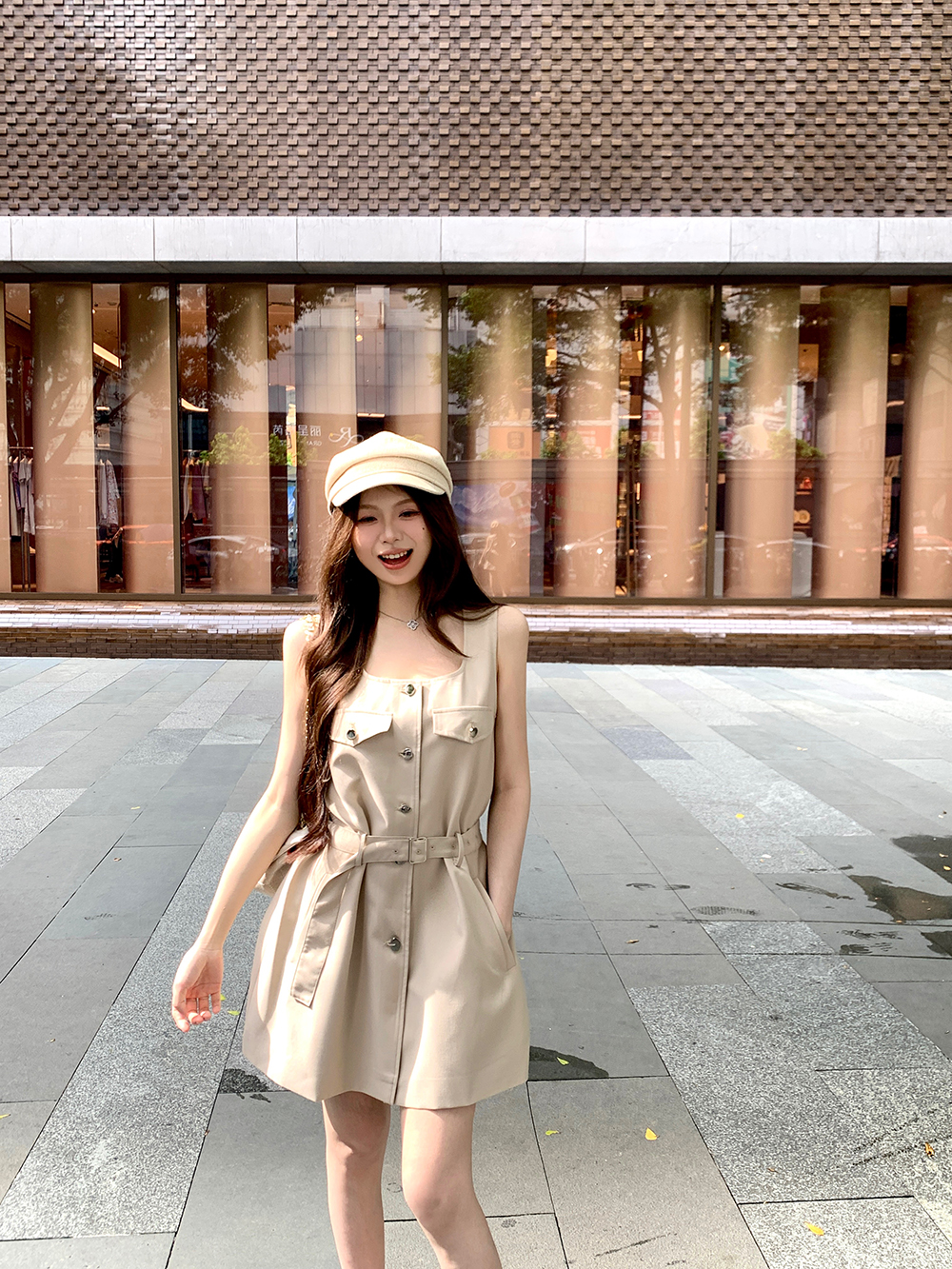 FA33310# 小众卡其色工装背心裙温柔显白收腰短裙 服裝批發女裝批發服飾貨源