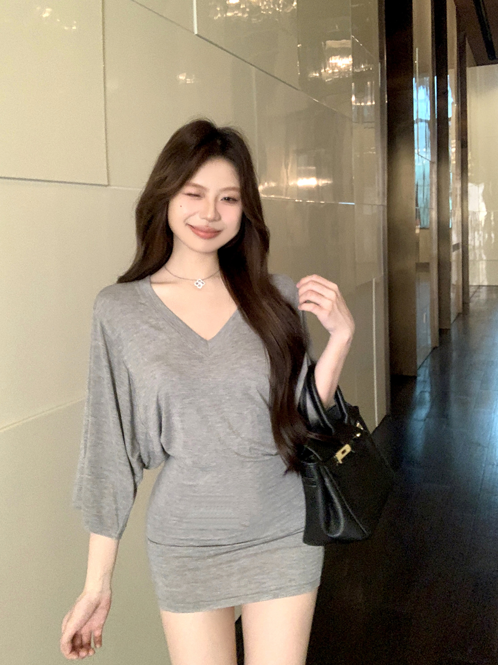 FA33308# 灰色t恤女小众设计感中长款七分袖体恤宽松美式辣妹上衣 服裝批發女裝批發服飾貨源