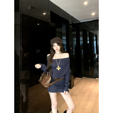 批发实拍实价 <b class='q'>蝙蝠</b>袖两穿<b class='q'>连衣裙</b>女针织坑条拼接短裙一字肩显瘦包臀裙