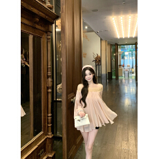 批发实拍实价 粉色一字肩连衣裙女2025秋季新款长袖<b class='q'>雪纺</b>裙纯欲裙子