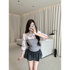 批发实拍实价 木耳边遮胯显瘦A字半身裙<b class='q'>女</b>花边长袖衬衫针织拼接上衣