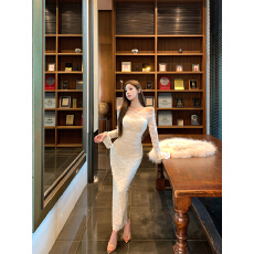 批发实拍实价 自带胸垫纯欲性感一字领蕾丝秋冬连衣裙长裙女