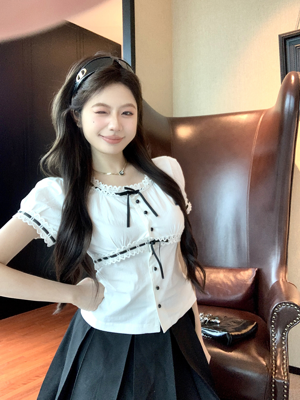 실사 정가 레이스 나비 넥타이 패치워크 레트로 프랑스식 허리 수축 화이트 셔츠