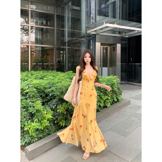 批发实拍实价 黄昏玫瑰花边吊带碎花连衣裙鱼尾长裙女法式