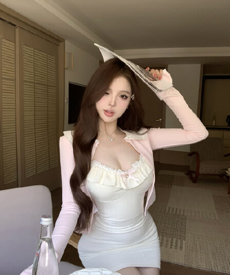 도트 무늬 레이스 칼라 작은 열림 셔츠 달콤함 소녀 슬립 니트 원피스 타이트 스커트