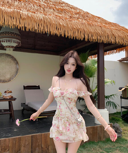 실사 정가 3 차원 주름 레트로 신선함 꽃무늬 행침 목 프릴 드레스