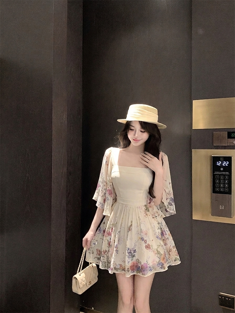 실사 정가 7부 소매 광장 칼라 드레스 아이들 원 웨이 품격 미니 스커트