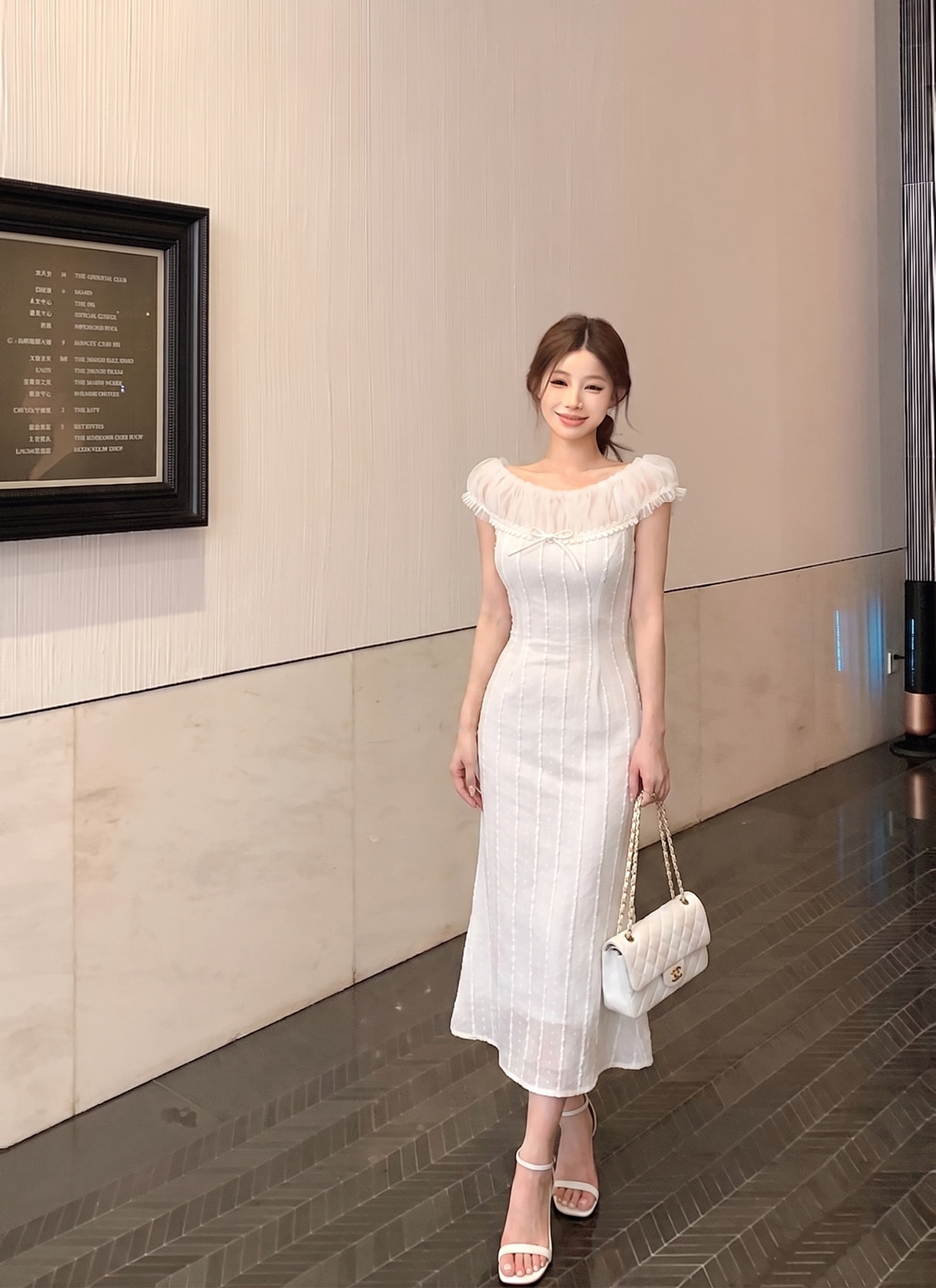 프랑스식 부드러운 바람 오프숄더 드레스 여름 망사 수직 곡물 슬림해 보이는 롱 스커트