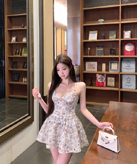 살구 분말 꽃무늬 슬립 여성 드레스 여름 새로운 슬림해 보이는 A라인 스커트