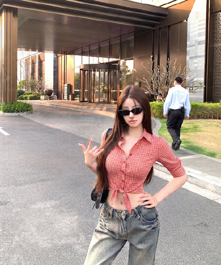 폴로 칼라 높음 폭탄 망사 체크무늬 단추 여성 셔츠 봄 여름 수확 허리 위로