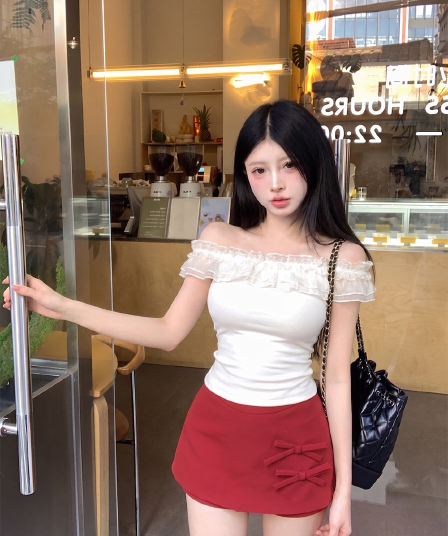 오프숄더 몸매 가꾸기 다용도 반팔 티셔츠 맨위 여성 나비 매듭 한 마디 슬림해 보이는 몸매 가꾸기 타이트 스커트 미니 스커트