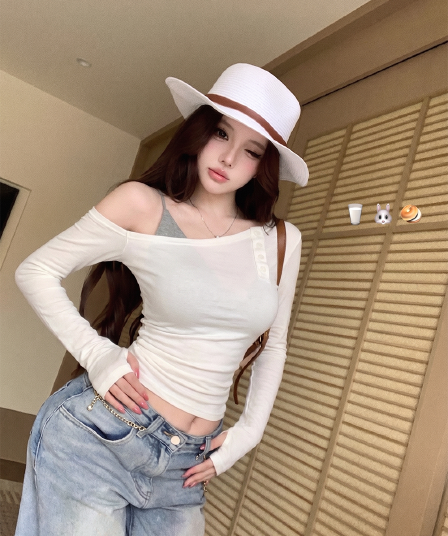 비스듬한 어깨 티셔츠 여성 이른 가을 부드러운 맨위 인사이드 가져 가라. V넥 조끼 슬립 여성 순수한 욕망 분위기 센스 맨위