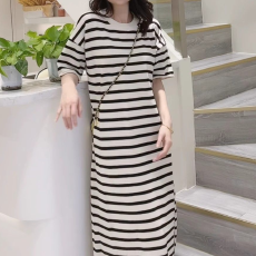 批发2026夏季新款<b class='q'>条纹</b>百搭韩版短袖针织裙赫本风内搭时尚宽松打底<b class='q'>长裙</b>