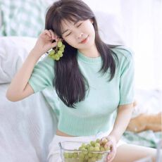 批发薄款冰丝针织衫短袖修身正肩甜辣女小个子圆领气质短款紧身上衣夏