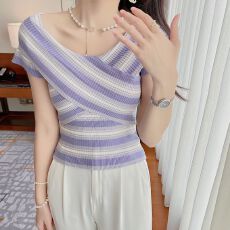 批发2026年夏季新款纯欲风辣妹一字肩交叉拼接色短袖T恤女上衣