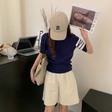 批发2026年夏季新款纯欲风辣妹一字肩交叉拼接色短袖T恤女上衣