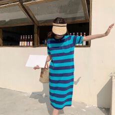 批发2026年新款女装夏季学院风温柔系遮肉显瘦针织别致条纹t恤连衣裙