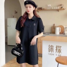 批发夏季新款polo领ins减龄百搭翻领泡泡袖遮肉条纹C字母休闲连衣短裙