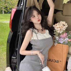 批发纯欲辣妹性感假两件撞色弹力针织背心连衣裙女夏季小个子收腰裙子