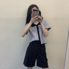 批发法式polo领短袖女t恤夏薄冰丝针织小<b class='q'>开衫</b>设计感小众短款上衣学生