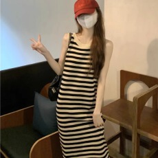 批发2026夏季新款条纹气质显瘦小个子长裙女装法式小众针织背心连衣裙