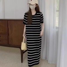 批发慵懒风条纹短袖针织连衣裙女装夏季中长款辣妹宽松气质a字裙子潮