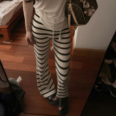 批发韩版慵懒舒适高级洋气条纹针织长裤<b class='q'>宽松</b>高腰拖地休闲休闲直筒裤